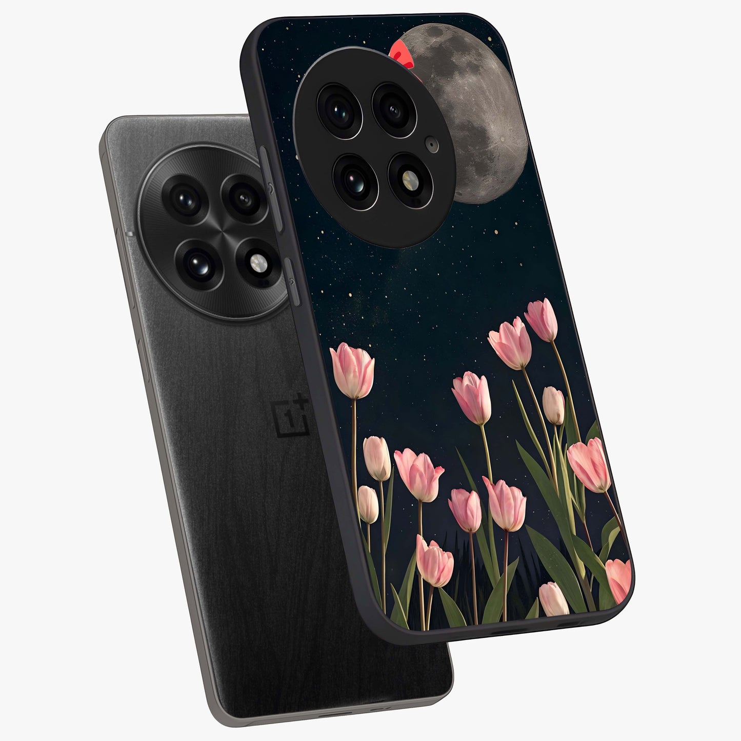 Moonlit Night Tulip Glass Case for 1+13 angled mockup showcasing glossy finish and soft luminous accents