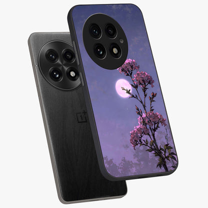 Moonlit Petal Night Glass Case for 1+13 angled mockup showcasing glossy finish and subtle moonlight detailing