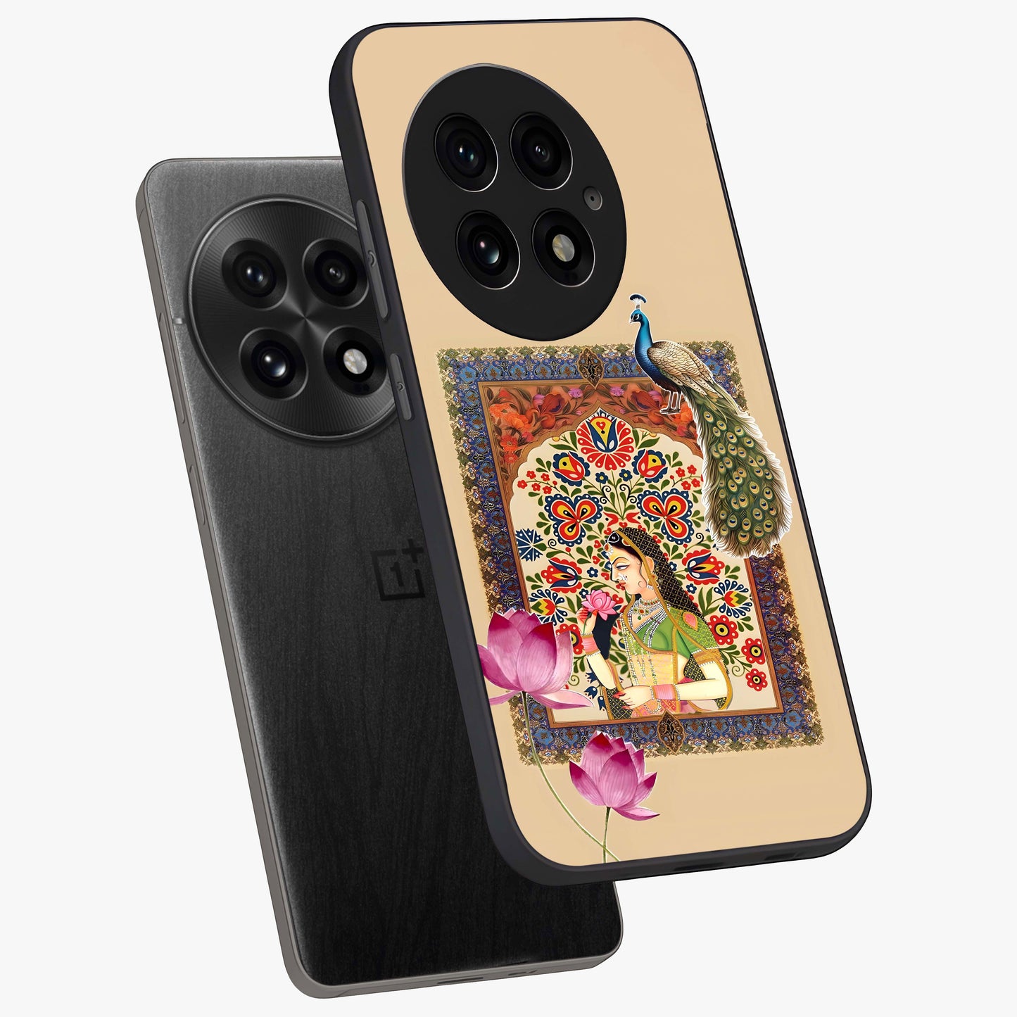 Mughal Princess and Peacock Glass Case for 1+13 angled mockup showcasing glossy finish and rich heritage tones