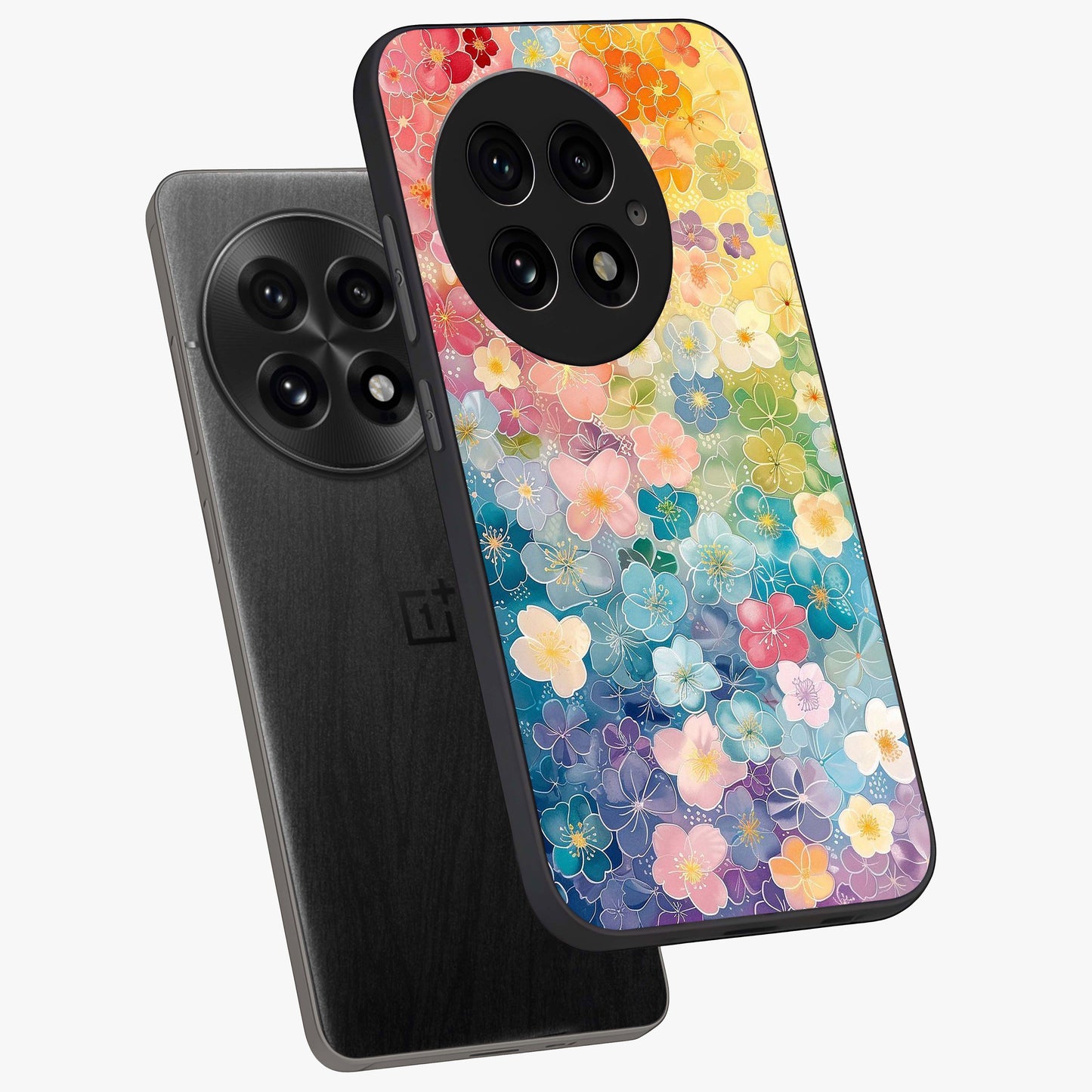 Multiple Background With Flower Glass Case for 1+13 angled mockup showcasing glossy glass finish and colorful detailing