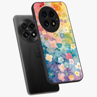 Multiple Background With Flower Glass Case for 1+13 angled mockup showcasing glossy glass finish and colorful detailing