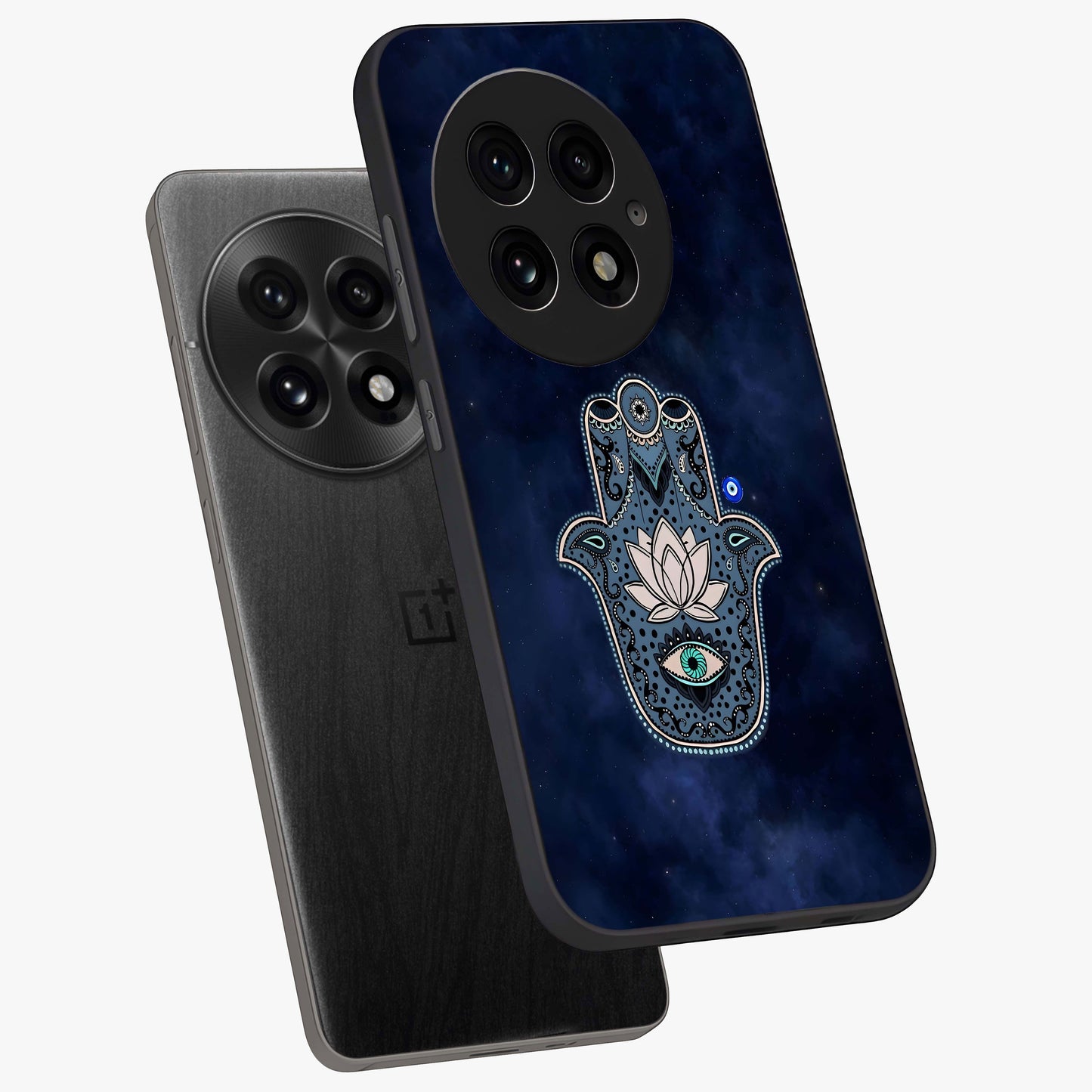 Mystic Calm Shield Glass Case for 1+13 angled mockup showcasing glossy finish and subtle mystical detailing