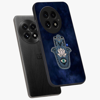 Mystic Calm Shield Glass Case for 1+13 angled mockup showcasing glossy finish and subtle mystical detailing