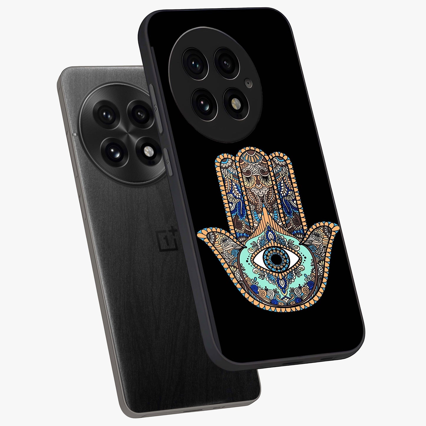 Mystic Hamsa Eye Glass Case for 1+13 angled mockup showcasing glossy finish and protective design elements