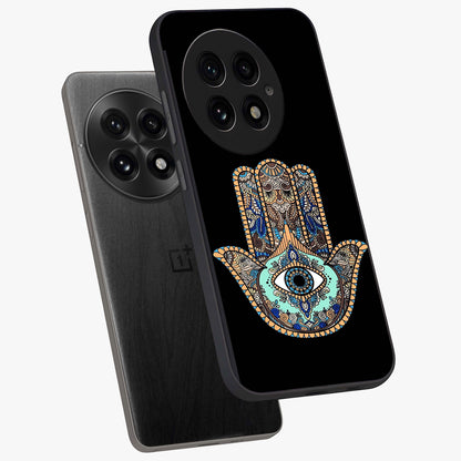 Mystic Hamsa Eye Glass Case for 1+13 angled mockup showcasing glossy finish and protective design elements