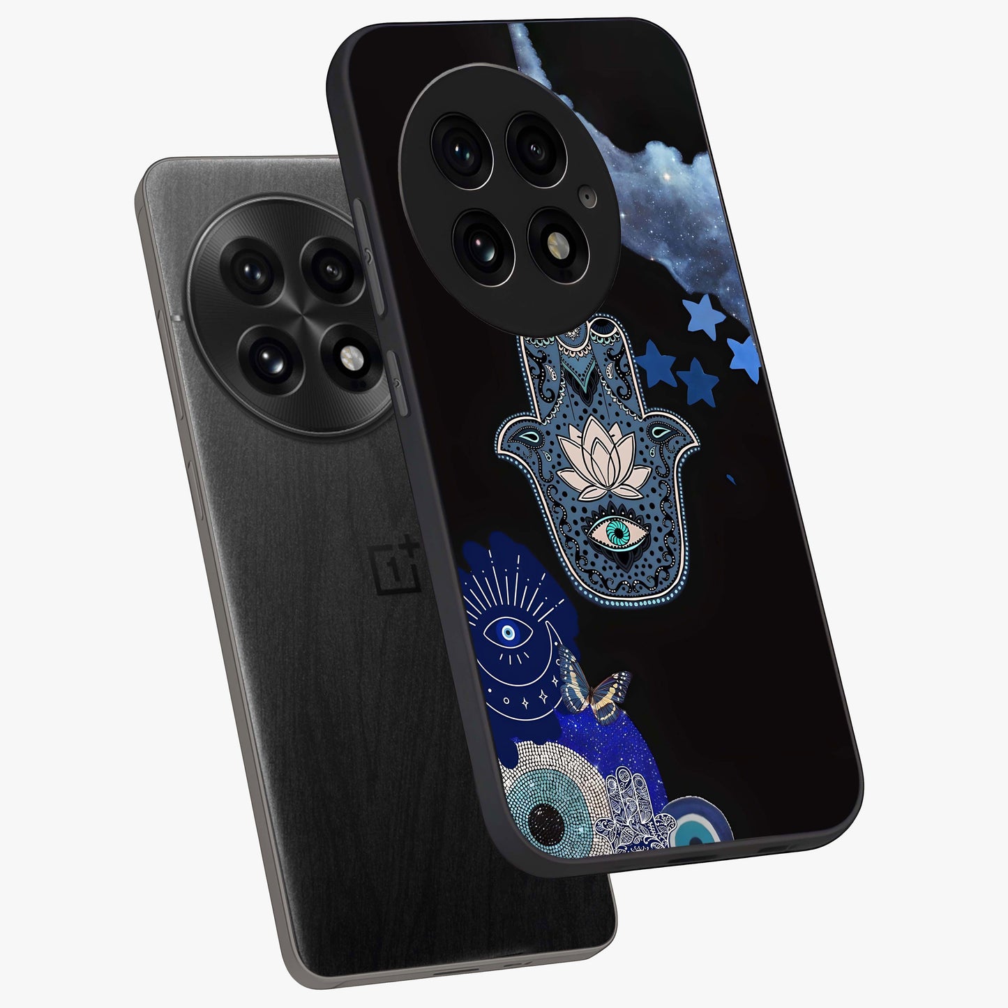 Mystic Hand Aura Glass Case for 1+13 angled mockup showcasing glossy finish and radiant mystical detailing