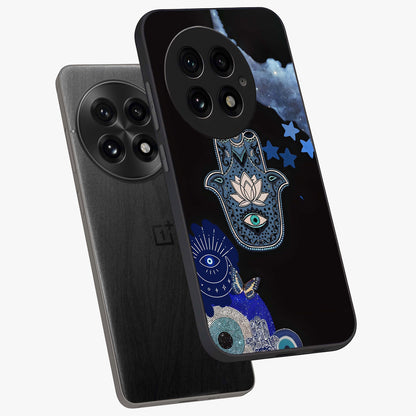 Mystic Hand Aura Glass Case for 1+13 angled mockup showcasing glossy finish and radiant mystical detailing