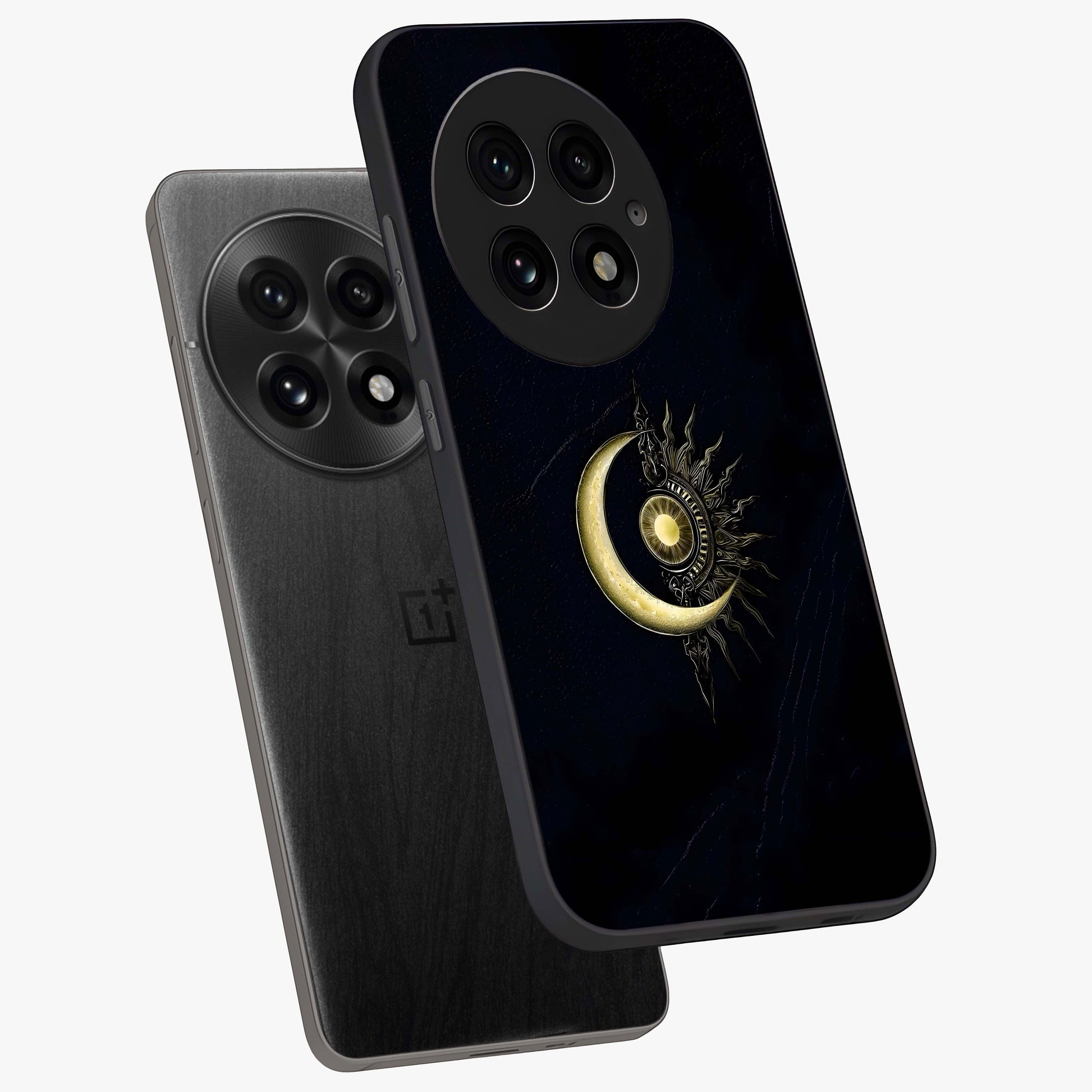 Mystic Lunar Flame Glass Case for 1+13 angled mockup showcasing glossy finish and glowing night tones