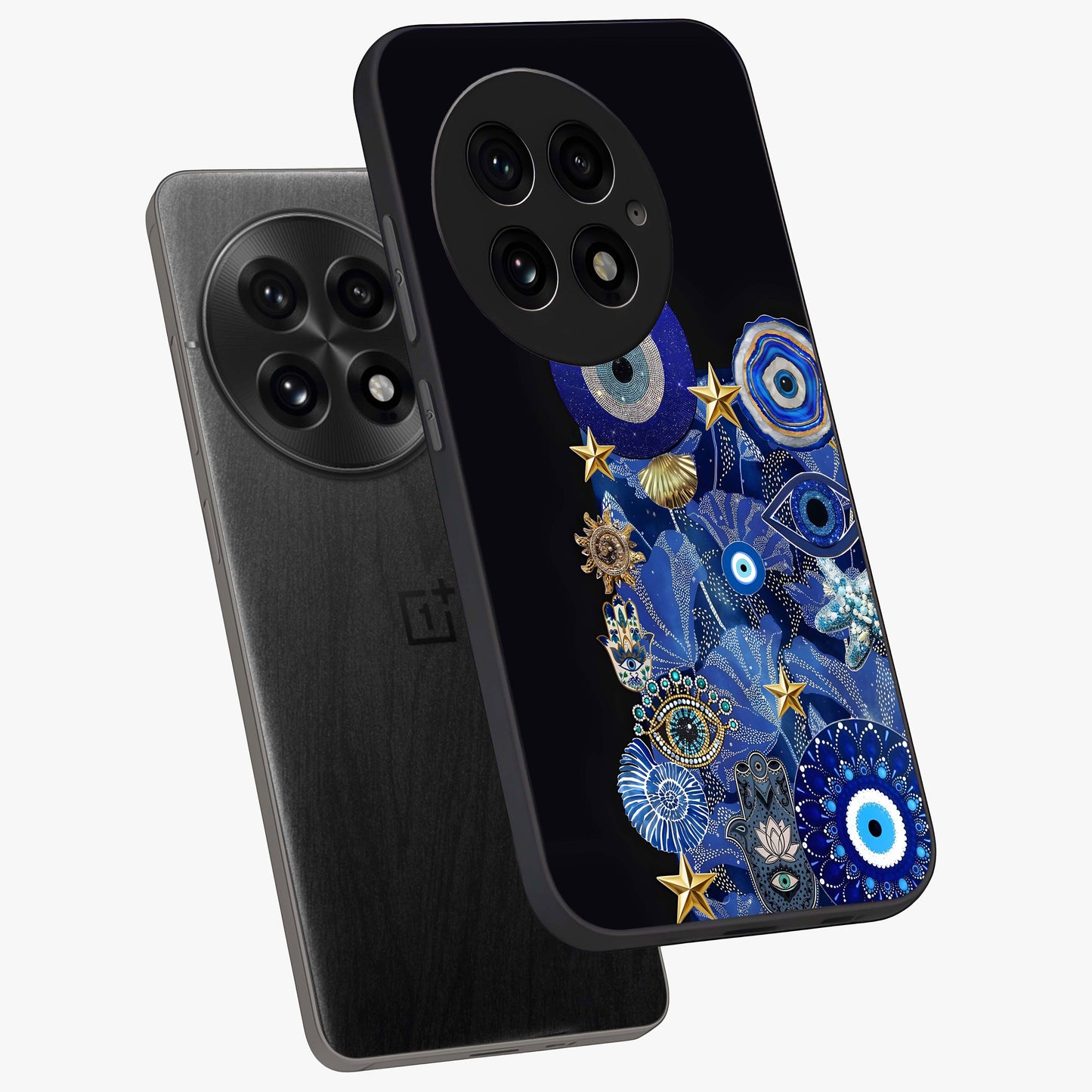 Mystic Ocean Eye Glass Case for 1+13 angled mockup showcasing glossy finish and fluid wave detailing