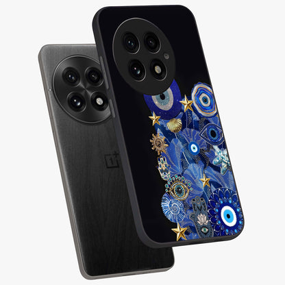 Mystic Ocean Eye Glass Case for 1+13 angled mockup showcasing glossy finish and fluid wave detailing