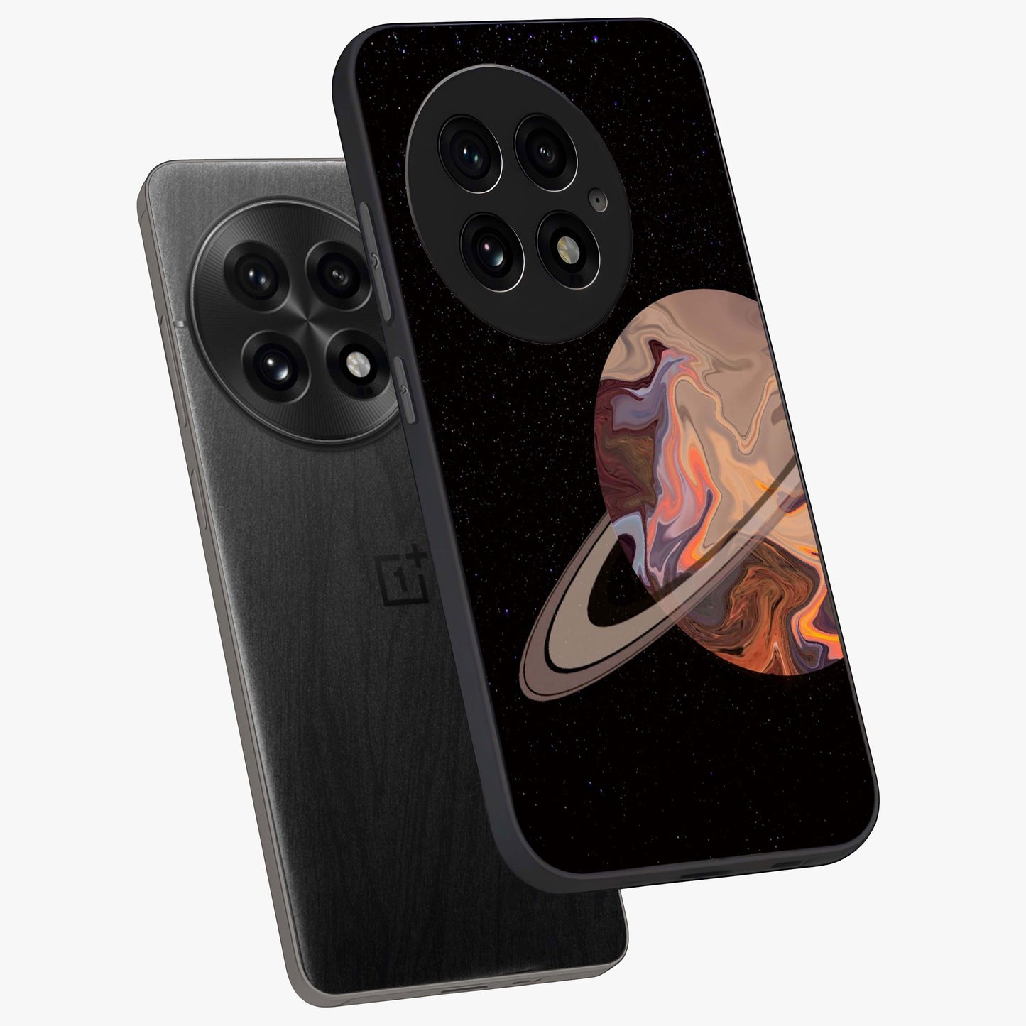 Mystic Saturn Aesthetic Glass Case for 1+13 angled mockup showcasing glossy finish and deep space gradients