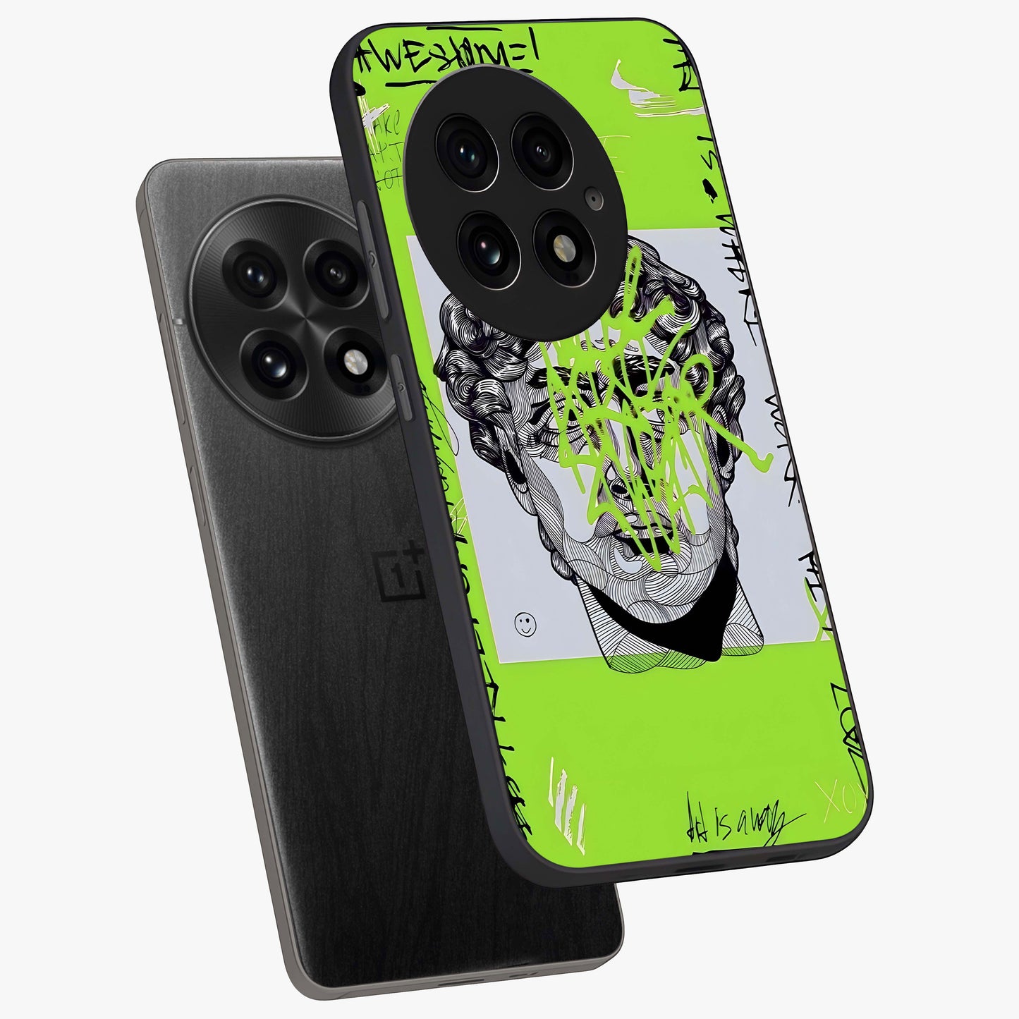 Neo Graffiti Rebellion Glass Case for 1+13 angled mockup showcasing glossy finish and urban neon detailing