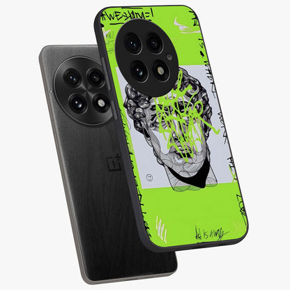 Neo Graffiti Rebellion Glass Case for 1+13 angled mockup showcasing glossy finish and urban neon detailing