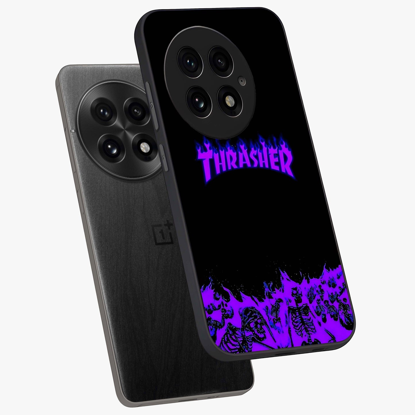 Neon Flame Riot Glass Case for 1+13 angled mockup showcasing glossy finish and high contrast colors