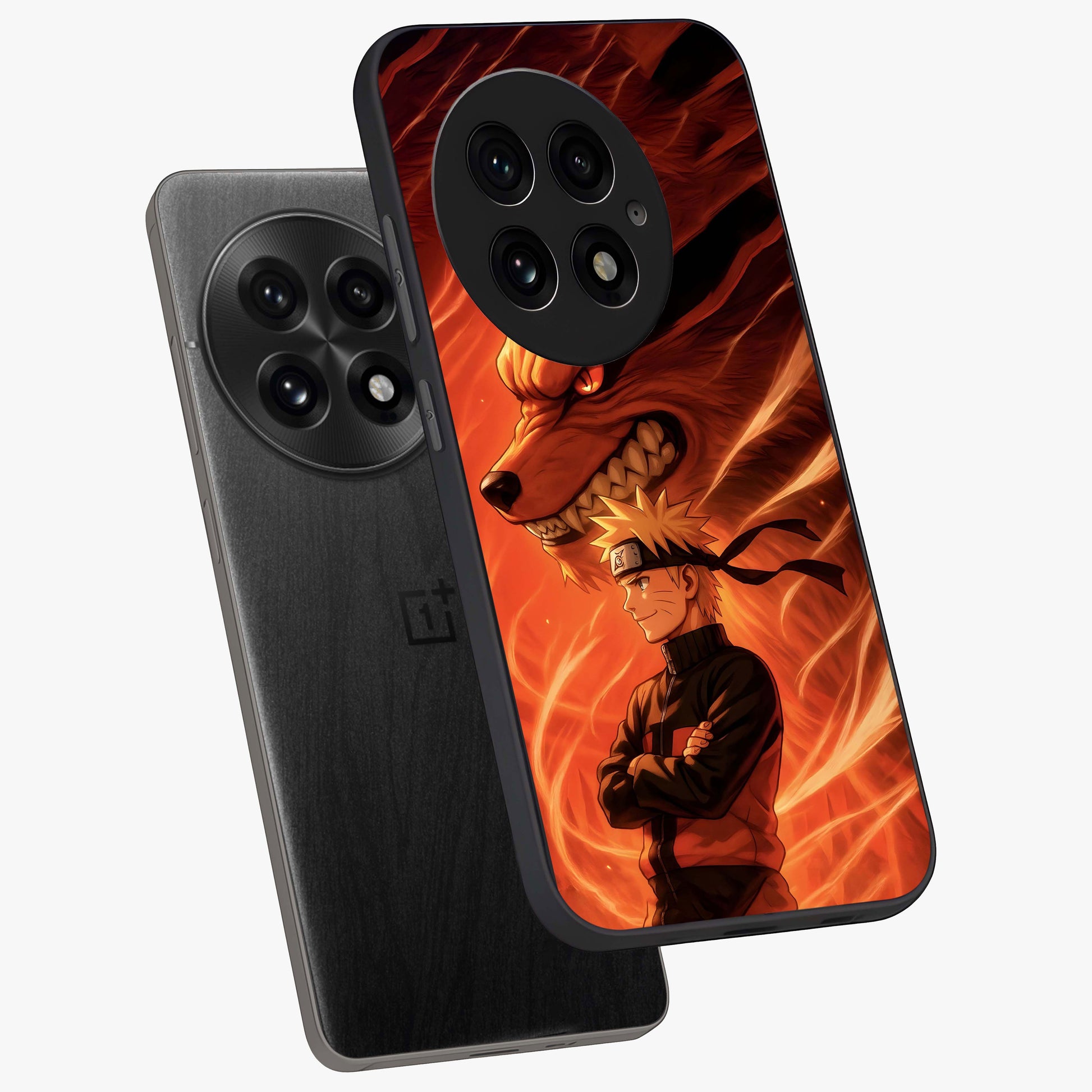 Nine Tails Legacy Glass Case for 1+13 angled mockup showcasing glossy finish and dramatic fiery tones