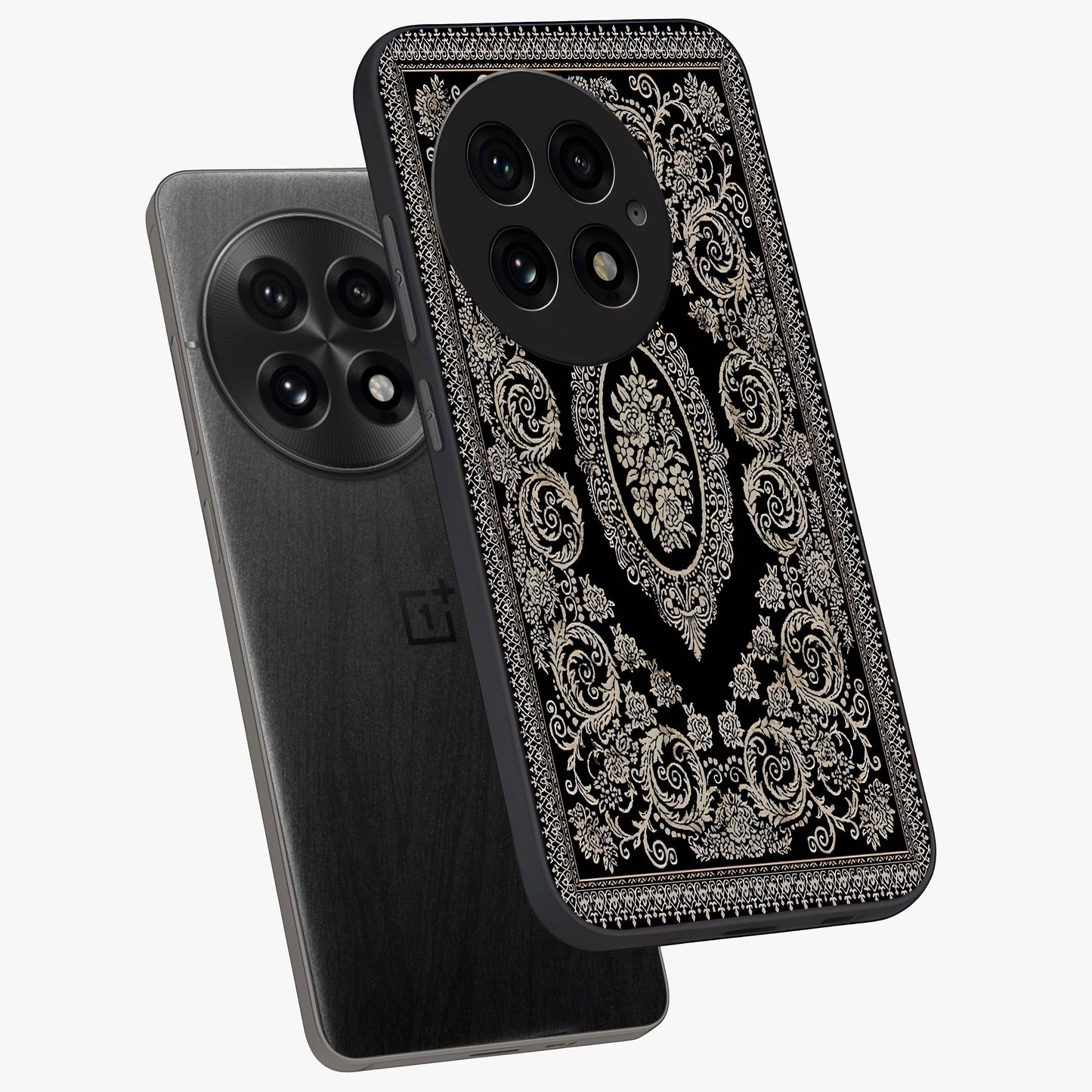 Noir Bloom Elegance Glass Case for 1+13 angled mockup showcasing glossy finish and refined bloom detailing