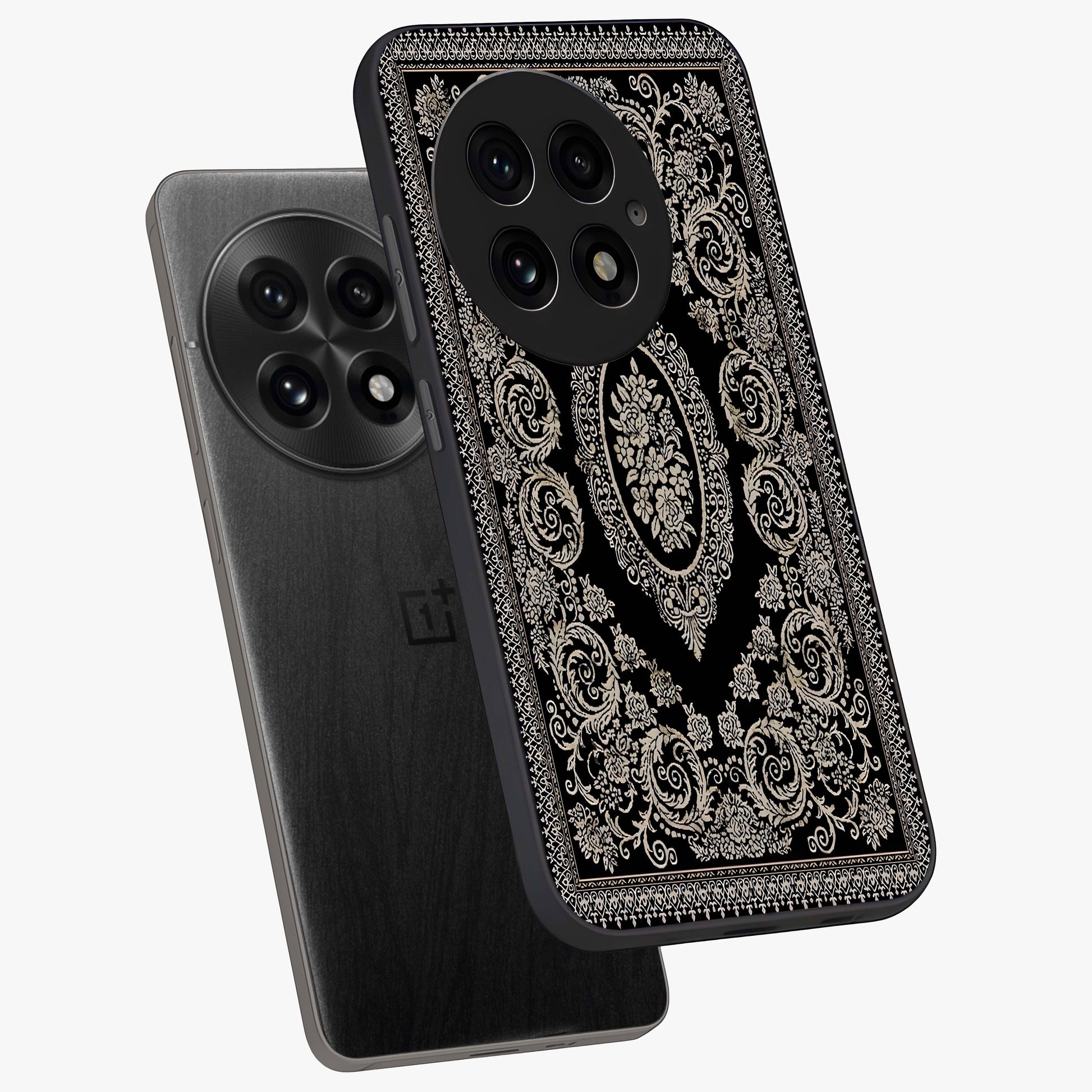 Noir Bloom Elegance Glass Case for 1+13 angled mockup showcasing glossy finish and refined bloom detailing