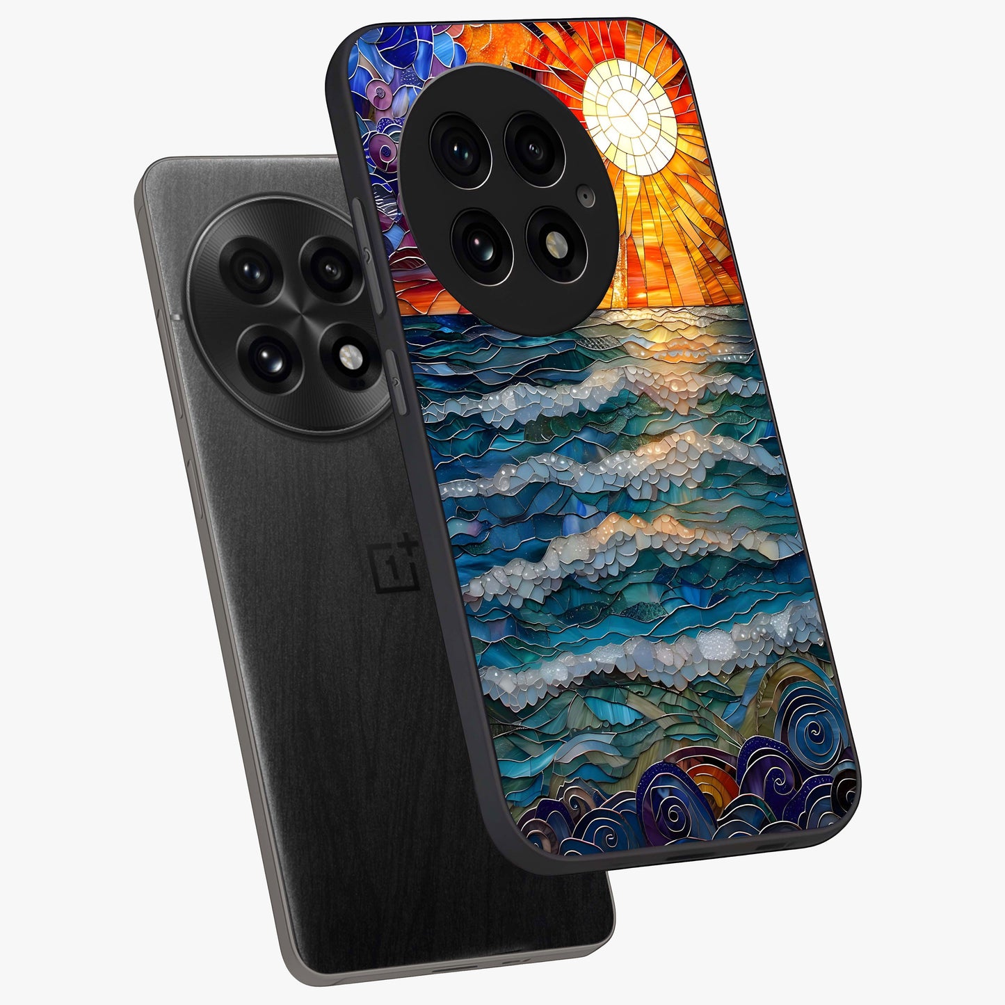Oceanic Stained Printed Glass Case for 1+13 angled mockup showcasing glossy finish and rich aquatic tones