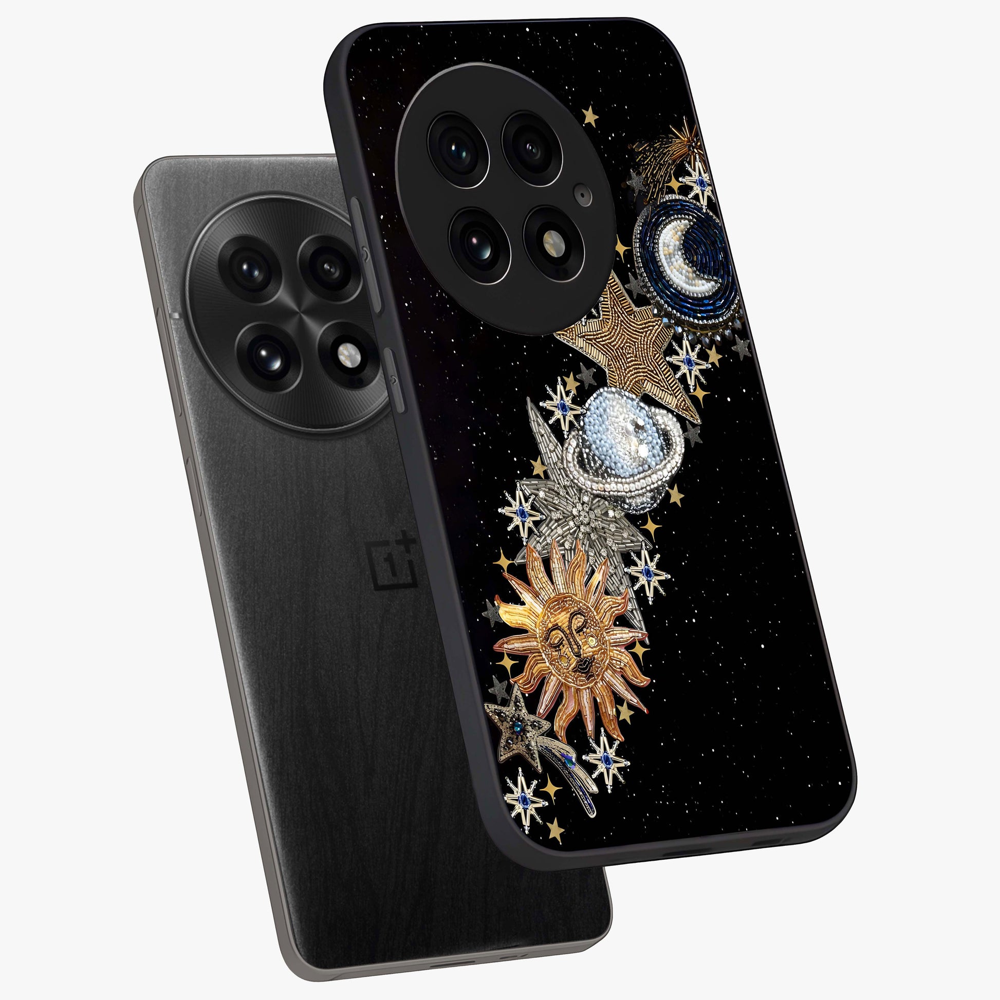 Pearls Universe Object Glass Case for 1+13 angled mockup showcasing glossy finish and luminous celestial tones