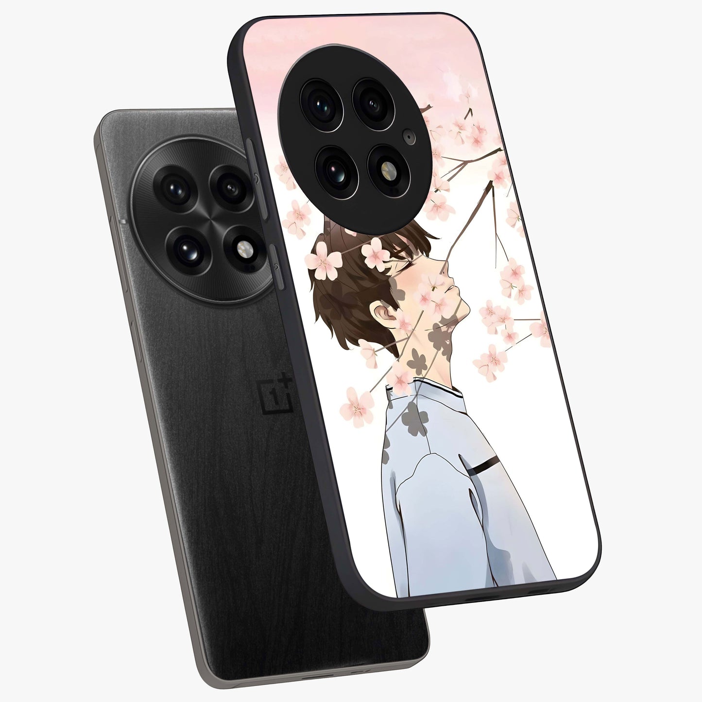 Pink Blossom Boy Glass Case for 1+13 angled mockup showcasing glossy finish and soft bloom tones