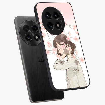 Pink Blossom Girl Glass Case for 1+13 angled mockup showcasing glossy finish and pastel floral detailing