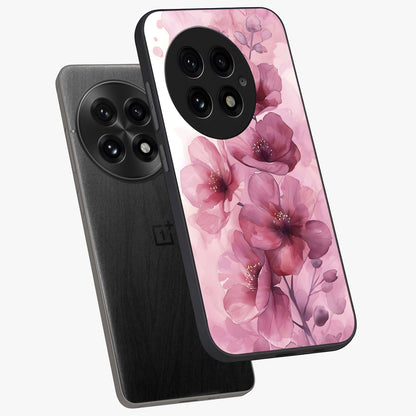 Pink Floral Glass Case for 1+13 angled mockup showcasing glossy finish and delicate bloom detailing