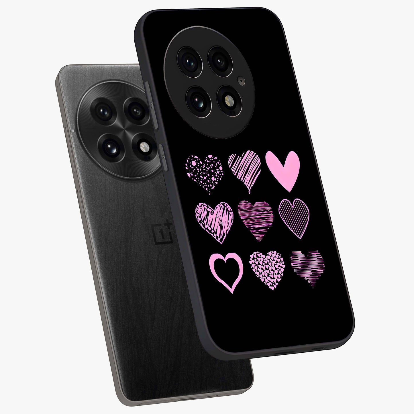 Pink Heart Aesthetic Glass Case for 1+13 angled mockup showcasing glossy finish and pastel romantic detailing