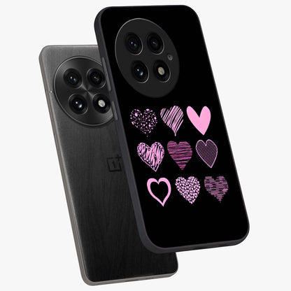Pink Heart Aesthetic Glass Case for 1+13 angled mockup showcasing glossy finish and pastel romantic detailing