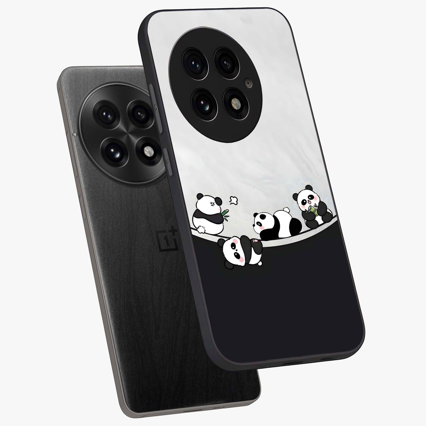Playful Panda Parade Glass Case for 1+13 angled mockup showcasing glossy finish and soft pastel tones