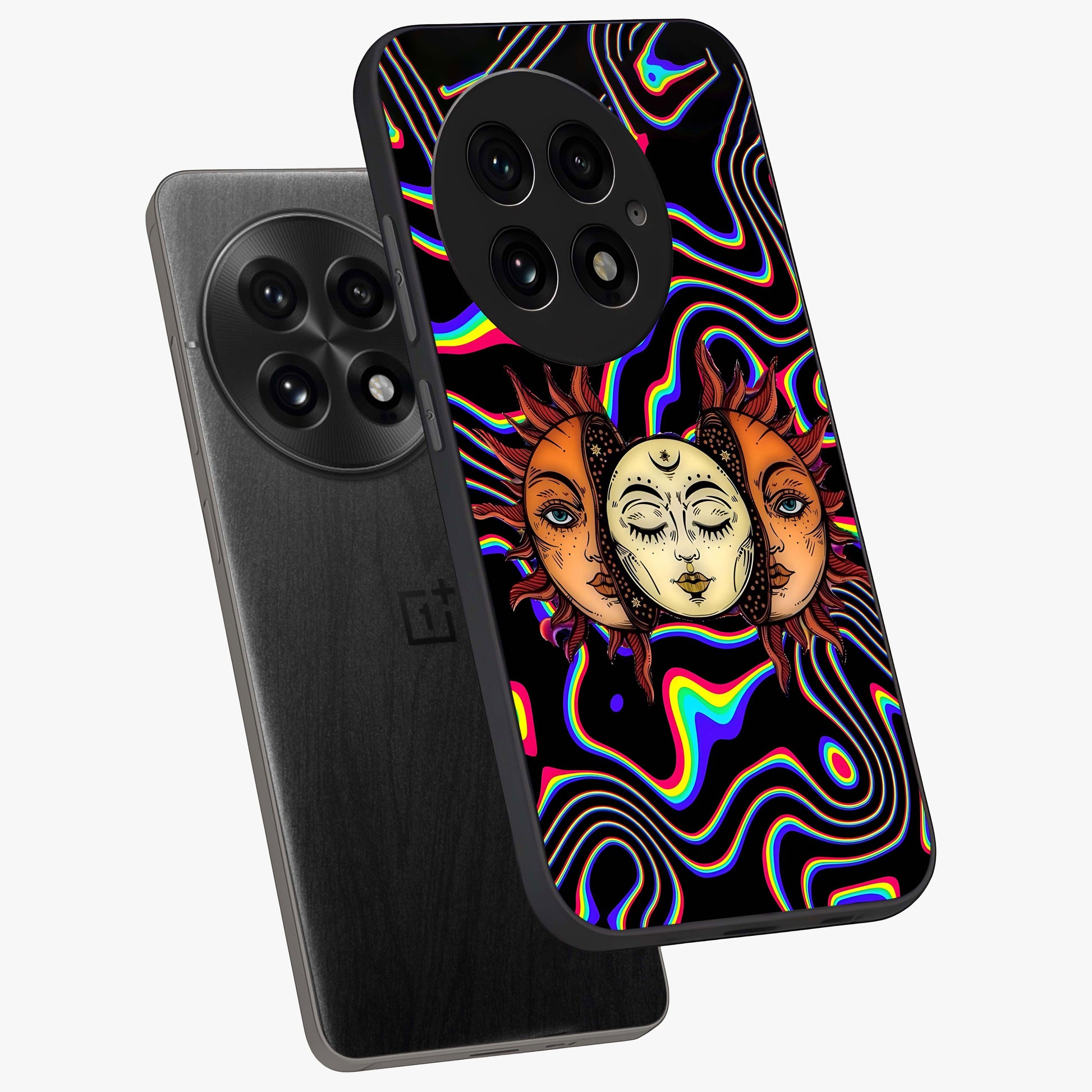Psychedelic Sun Glass Case for 1+13 angled mockup showcasing glossy finish and bold abstract detailing