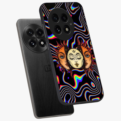 Psychedelic Sun Glass Case for 1+13 angled mockup showcasing glossy finish and bold abstract detailing