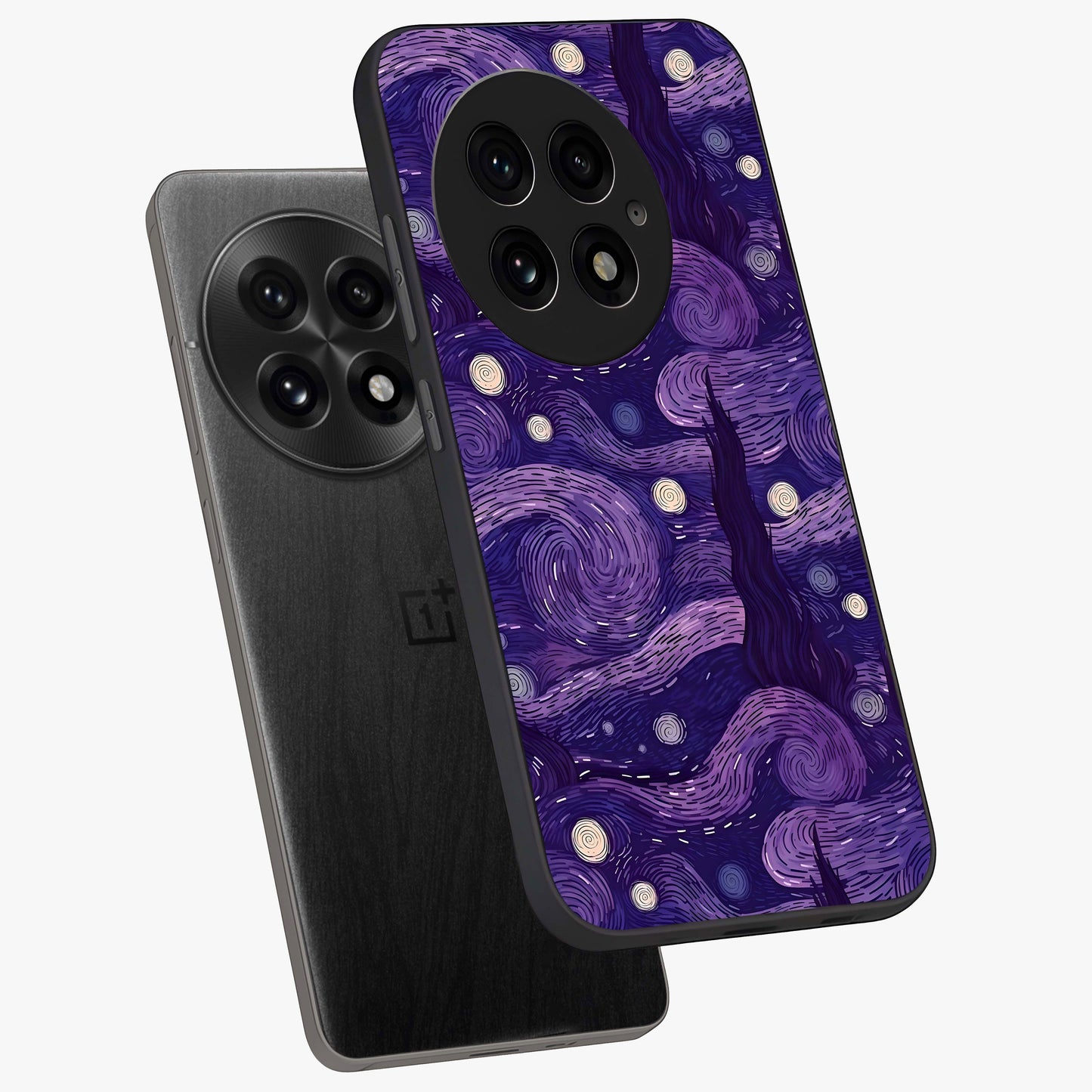 Purple Swirls Glass Case for 1+13 angled mockup showcasing glossy finish and smooth gradient detailing