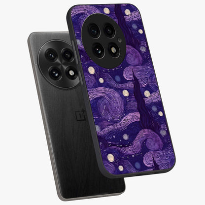 Purple Swirls Glass Case for 1+13 angled mockup showcasing glossy finish and smooth gradient detailing
