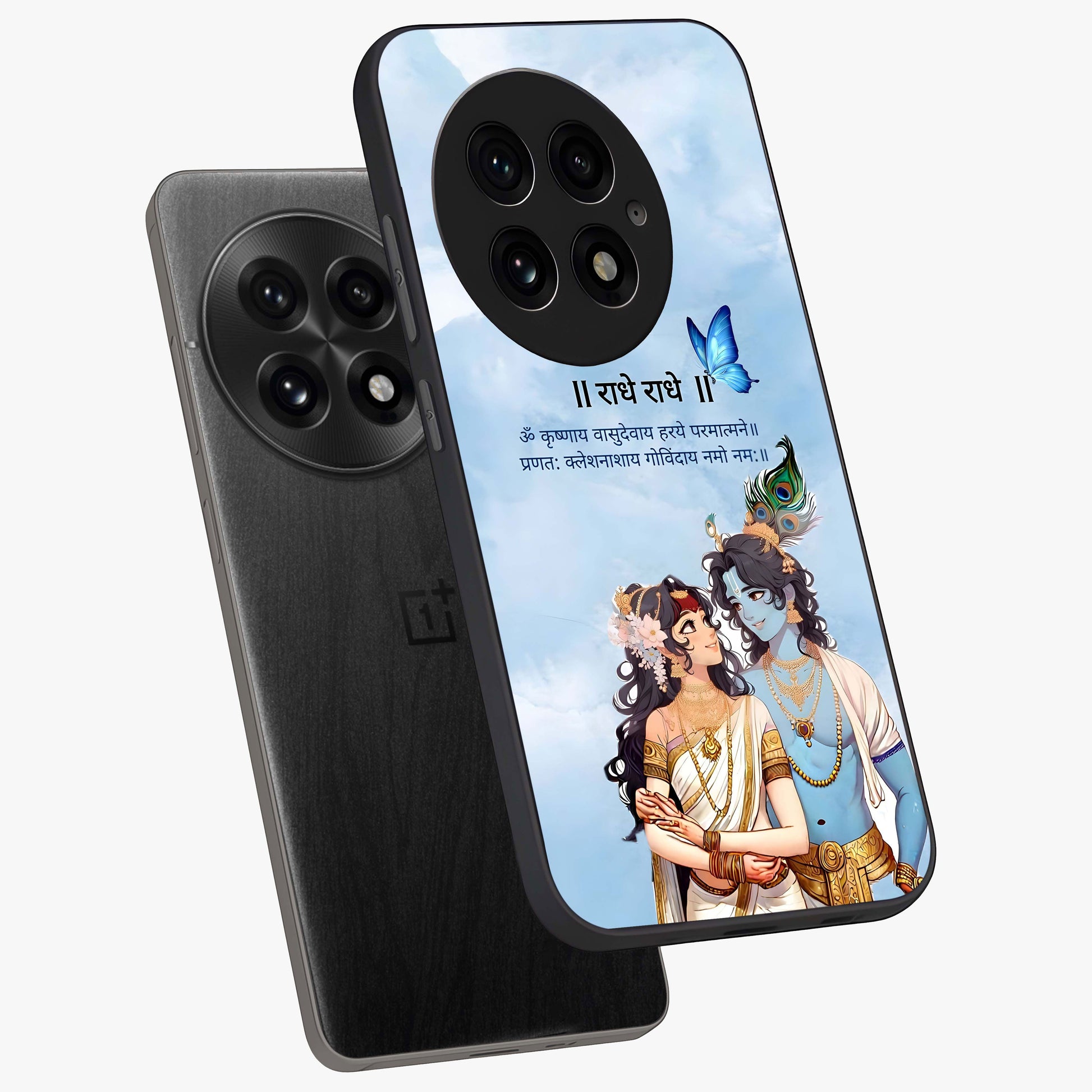 Radha Krishna Eternal Glass Case for 1+13 angled mockup showcasing glossy finish and rich cultural tones