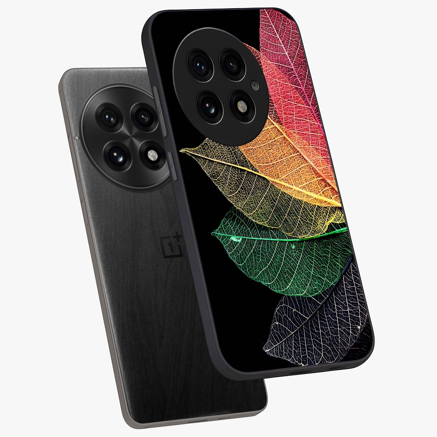Rainbow Leaf Glow Glass Case for 1+13 angled mockup showcasing glossy finish and radiant gradient tones