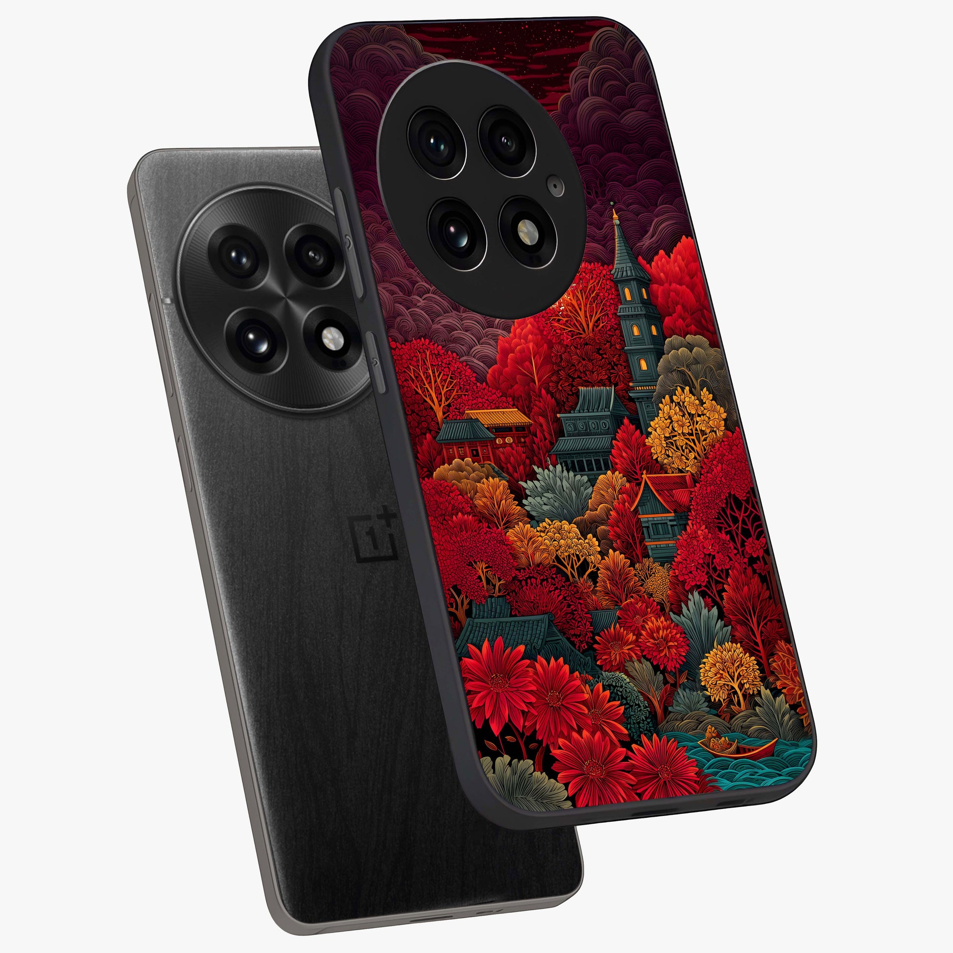 Red Scenery Hot Glass Case for 1+13 angled mockup showcasing glossy finish and intense sunset tones