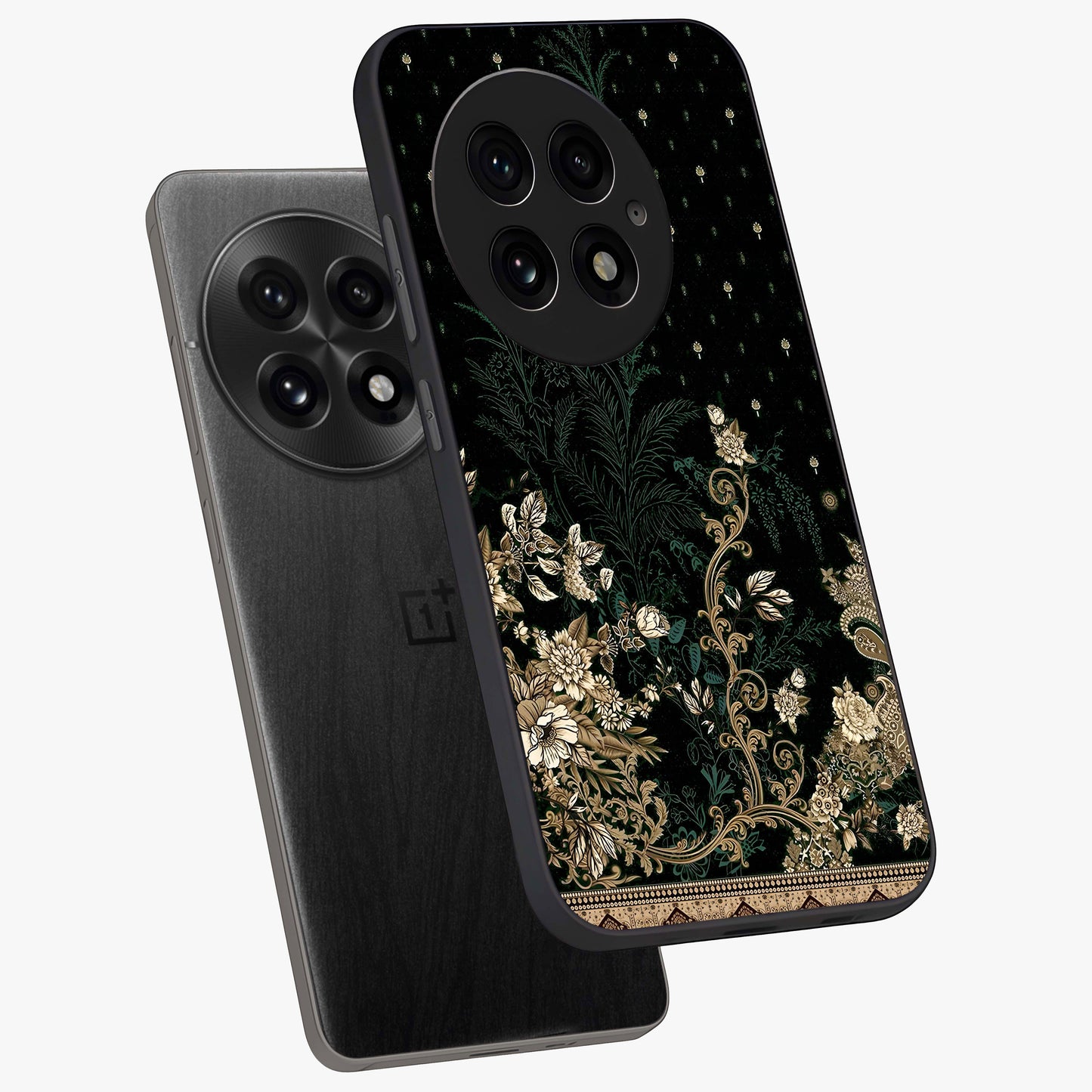 Regal Botanical Tapestry Glass Case for 1+13 angled mockup showcasing glossy finish and rich heritage tones