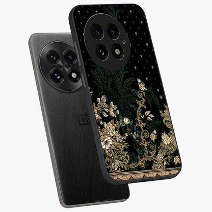 Regal Botanical Tapestry Glass Case for 1+13 angled mockup showcasing glossy finish and rich heritage tones