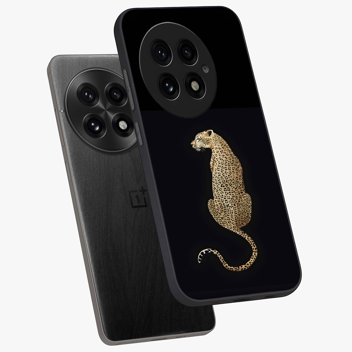 Regal Leopard Glass Case for 1+13 angled mockup showcasing glossy glass finish and detailed animal textures