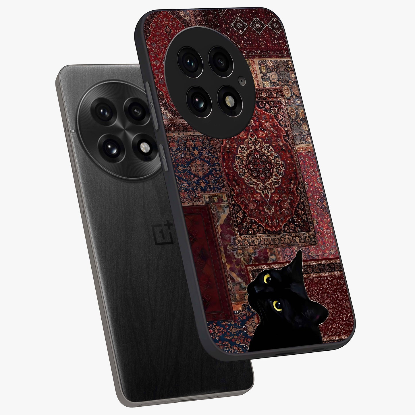 Regal Magic Cat Apple Glass Case for 1+13 angled mockup showcasing glossy finish and vibrant illustration detailing