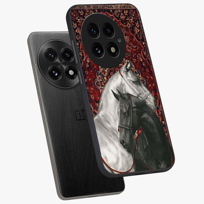 Regal Stallion Tapestry Glass Case for 1+13 angled mockup showcasing glossy finish and rich ornamental tones