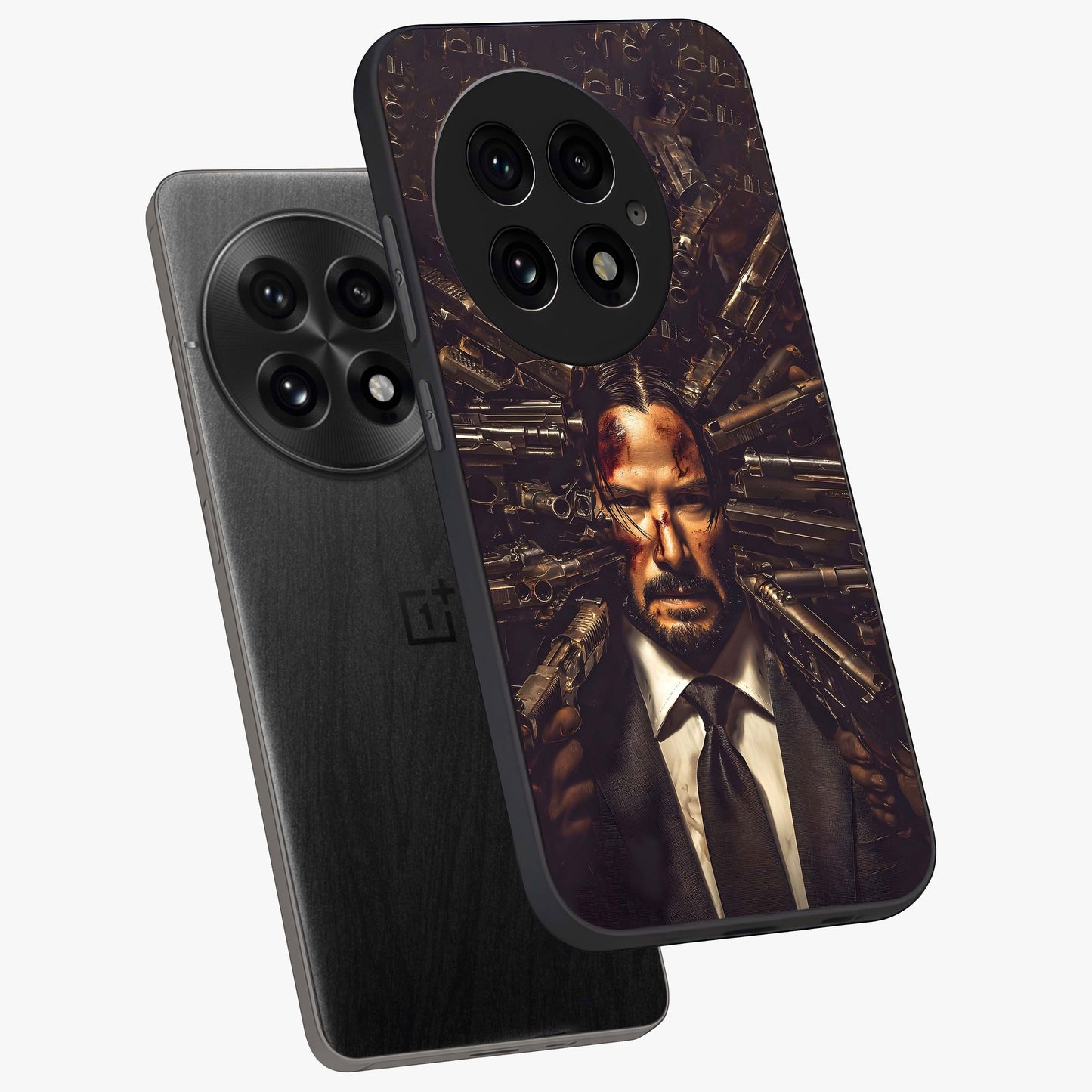 Relentless Shadow Assassin Glass Case for 1+13 angled mockup showcasing glossy finish and dramatic shadow detailing