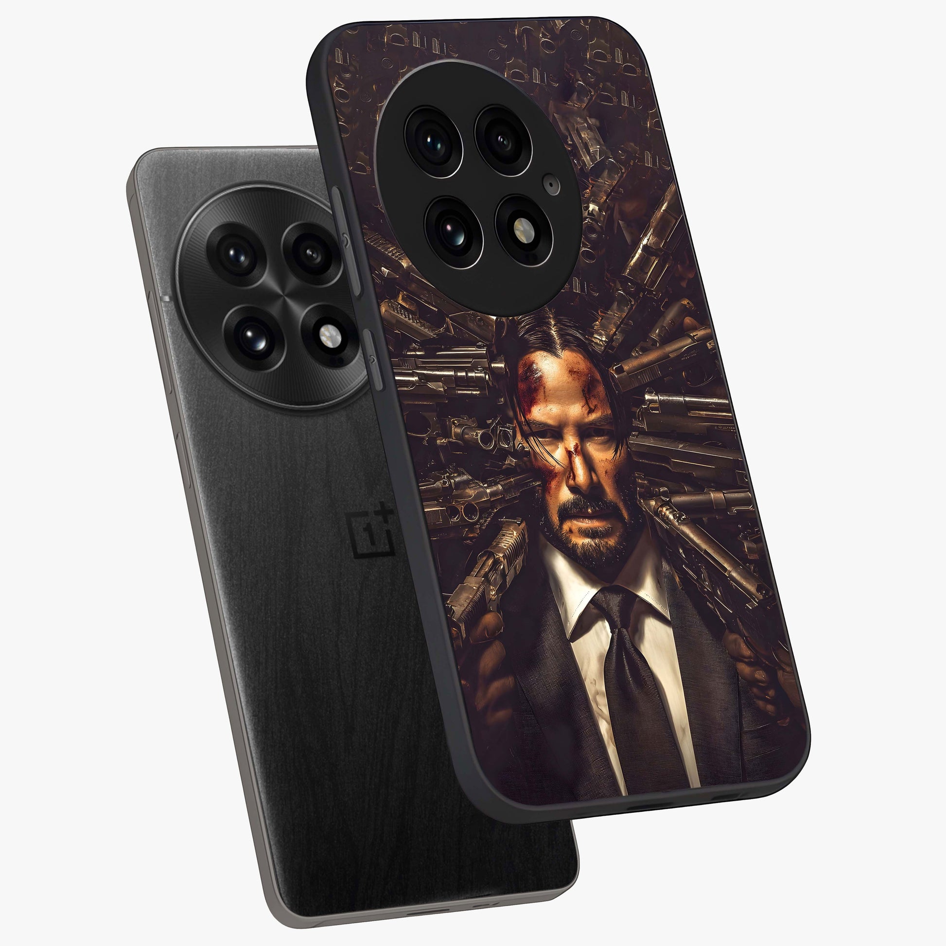 Relentless Shadow Assassin Glass Case for 1+13 angled mockup showcasing glossy finish and dramatic shadow detailing