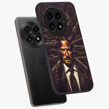 Relentless Shadow Assassin Glass Case for 1+13 angled mockup showcasing glossy finish and dramatic shadow detailing