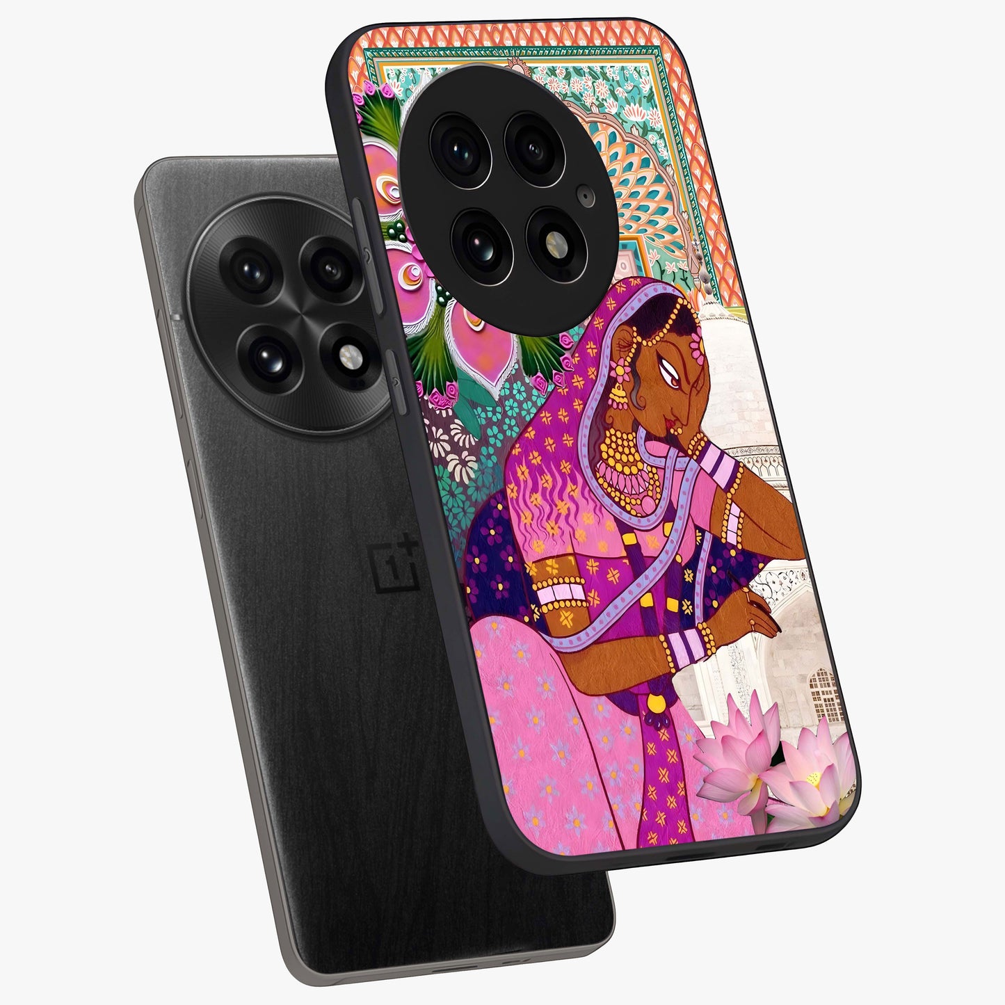 Royal Lotus Muse Glass Case for 1+13 angled mockup showcasing glossy finish and refined floral tones