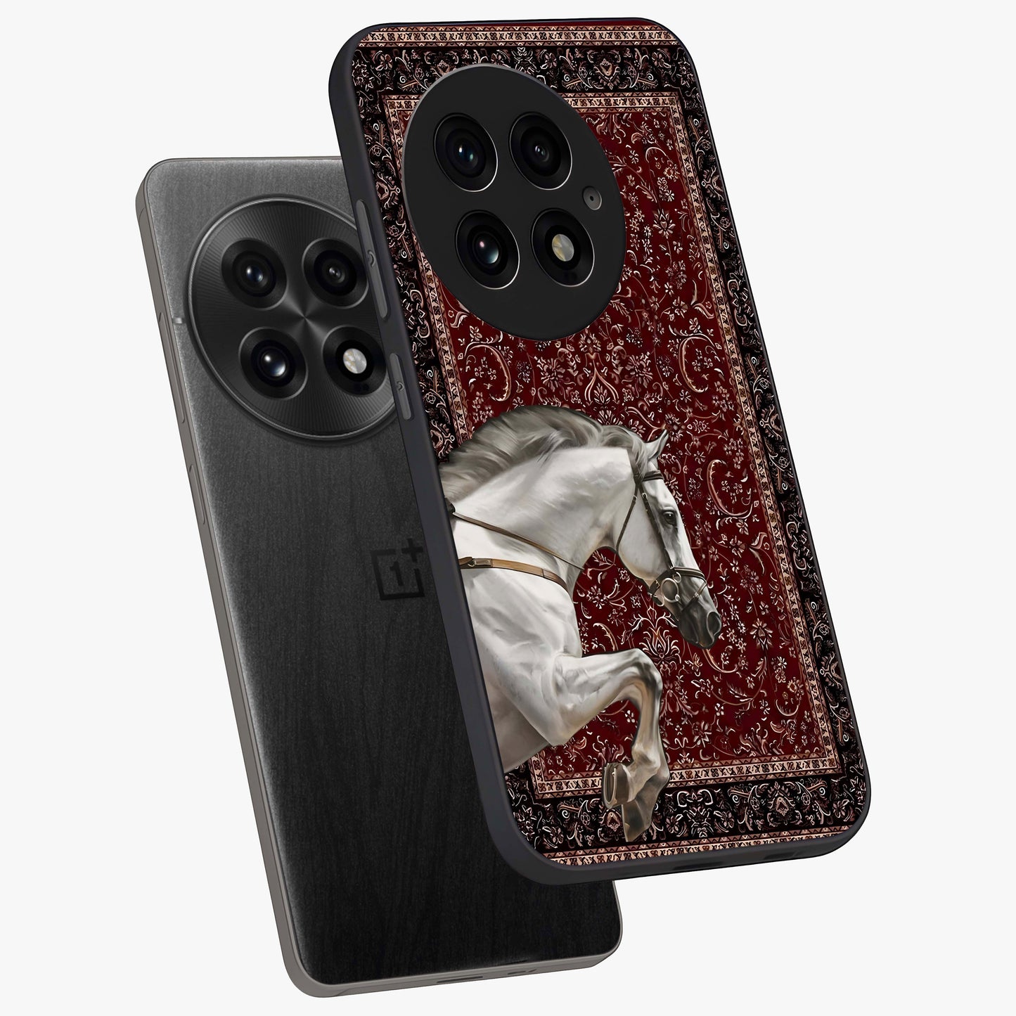 Royal Rider Tapestry Glass Case for 1+13 angled mockup showcasing glossy finish and heritage inspired detailing