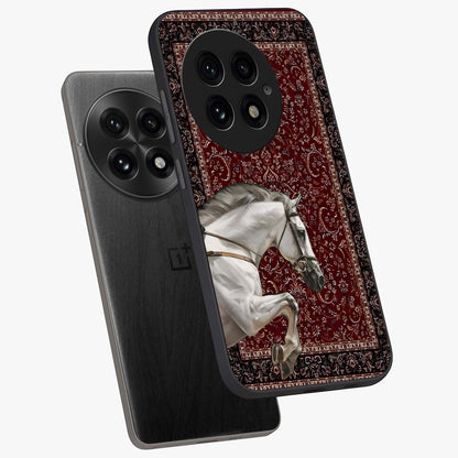Royal Rider Tapestry Glass Case for 1+13 angled mockup showcasing glossy finish and heritage inspired detailing