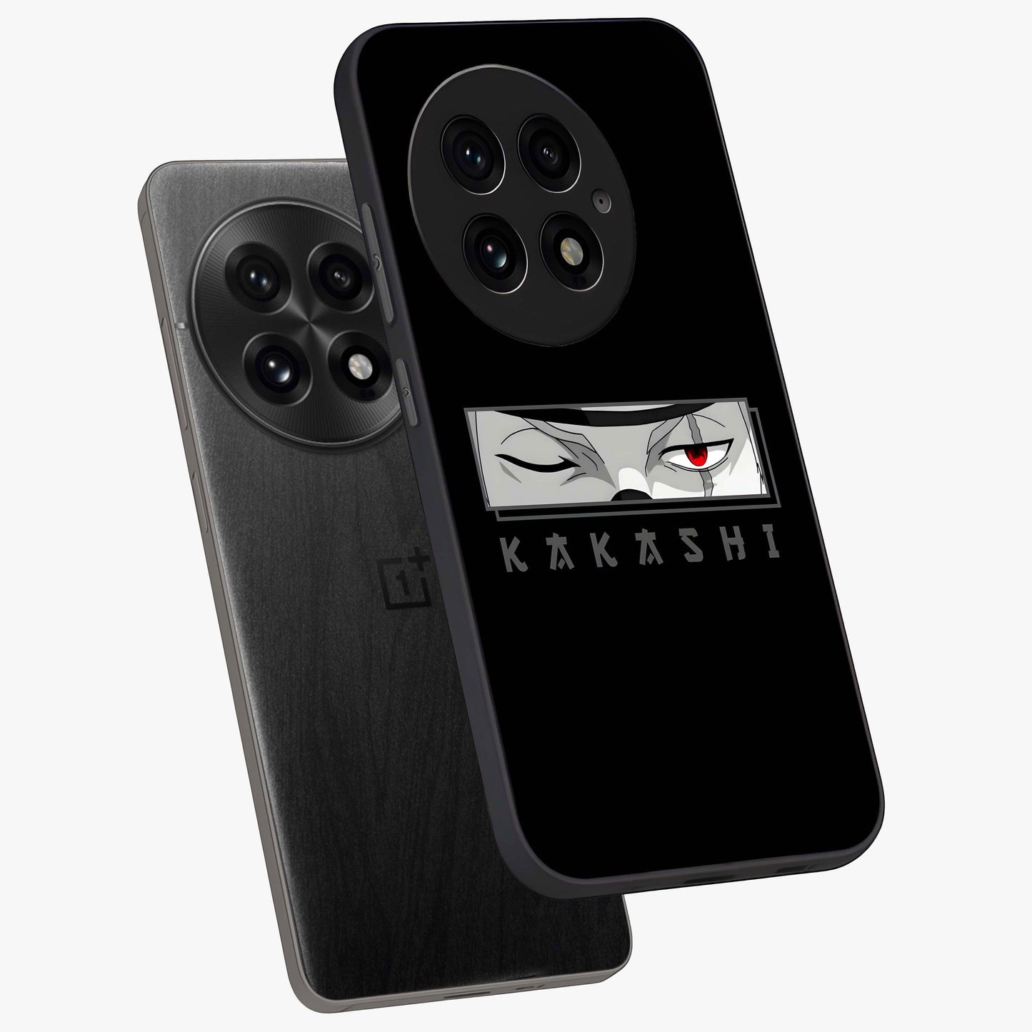 Scarlet Ninja Gaze Glass Case for 1+13 angled mockup showcasing glossy finish and sharp warrior detailing