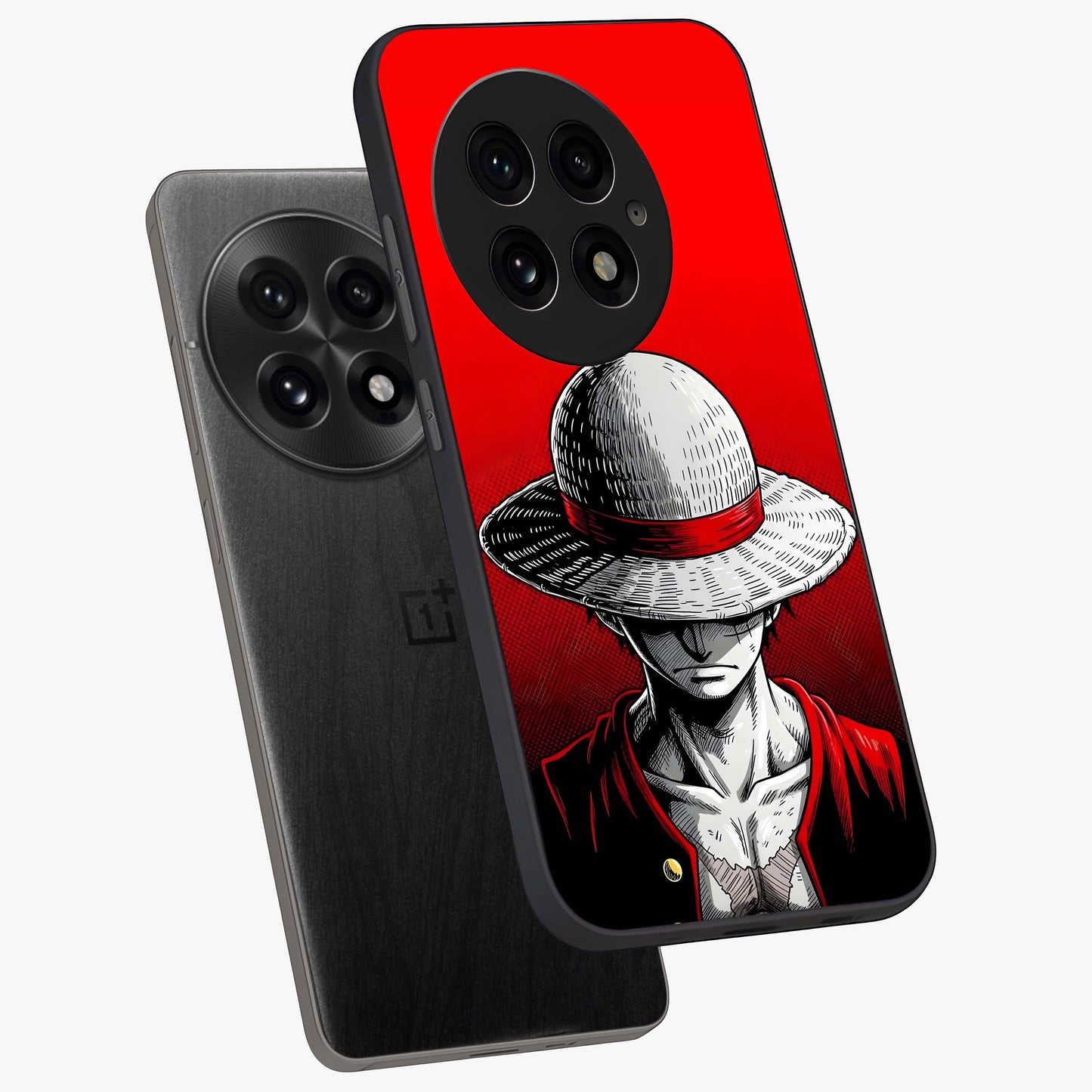 Scarlet Pirate Resolve Glass Case for 1+13 angled mockup showcasing glossy finish and dramatic adventurous tones
