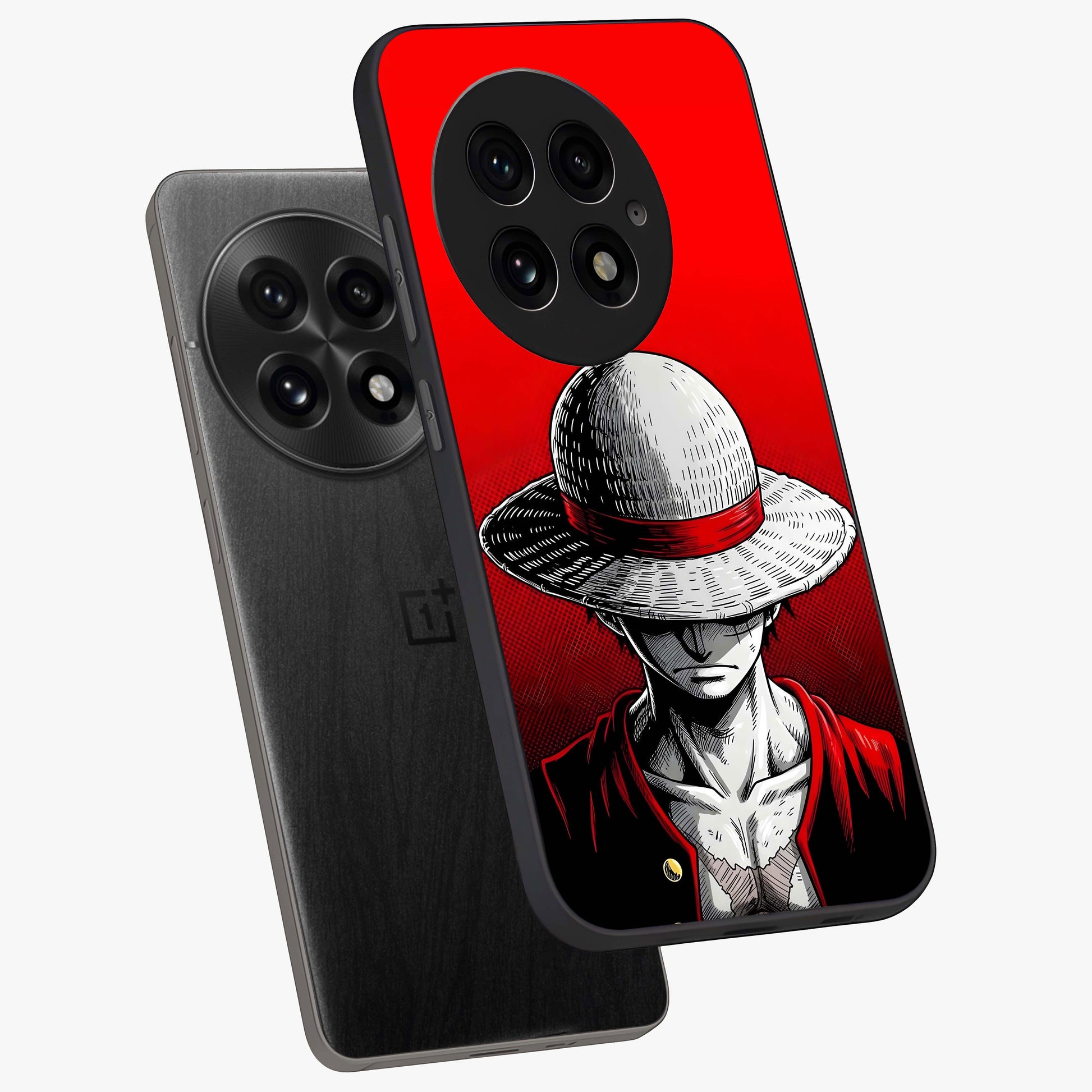 Scarlet Pirate Resolve Glass Case for 1+13 angled mockup showcasing glossy finish and dramatic adventurous tones